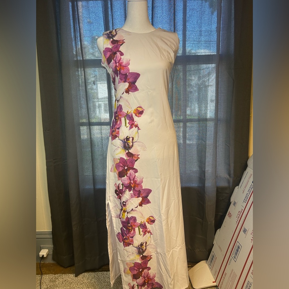Elegant White Dress with Purple Floral Design